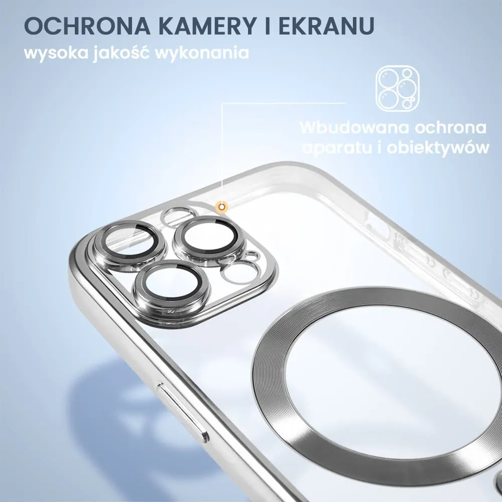 Etui do iPhone 12 Pro Max MagSafe Luxury Protect przeźroczyste, hybrydowa ochrona kamery, srebrne