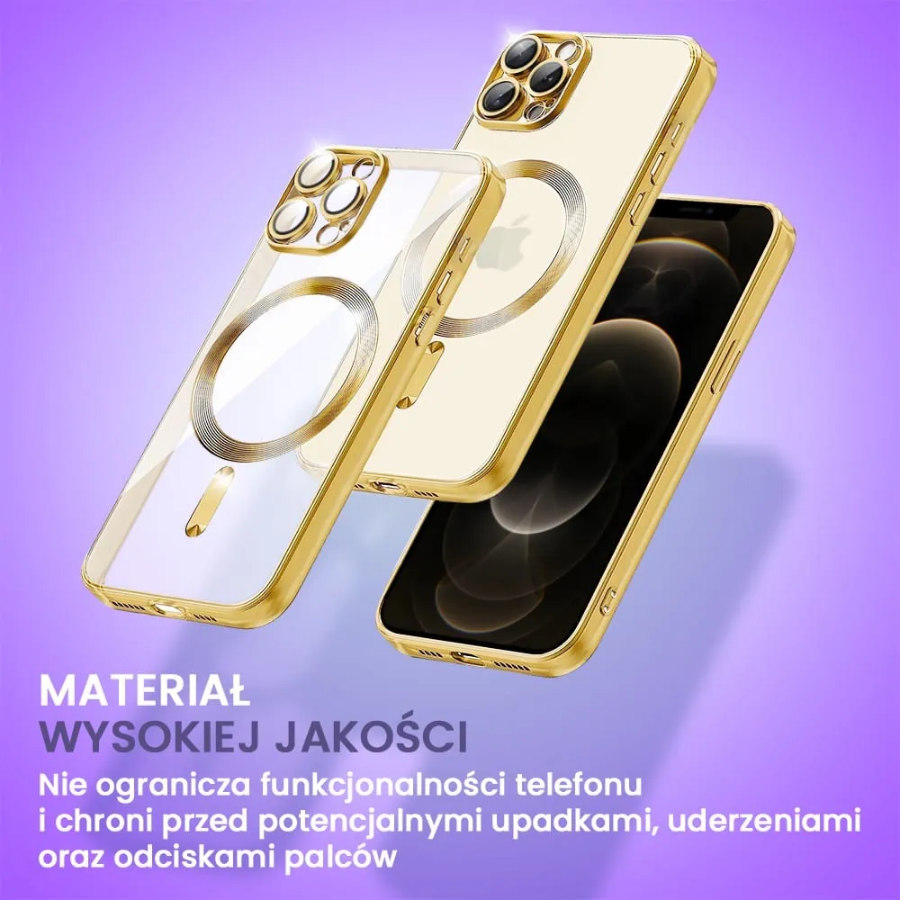 Etui do iPhone 12 Pro Max MagSafe Luxury Protect przeźroczyste, hybrydowa ochrona kamery, złote