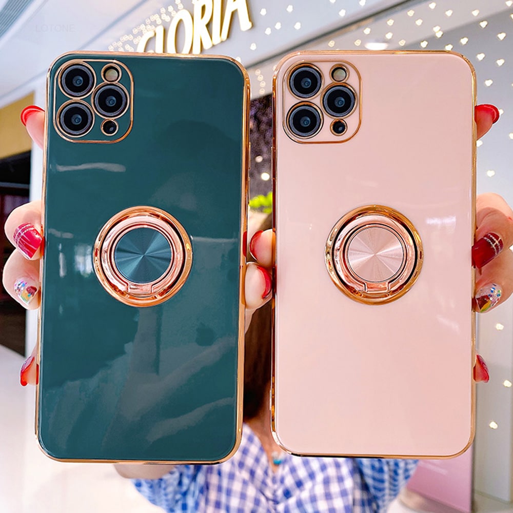 Etui do iPhone 12 Pro eleganckie, ze złotym, metalowym uchwytem i zdobieniami, osłona na aparat, pudrowy róż