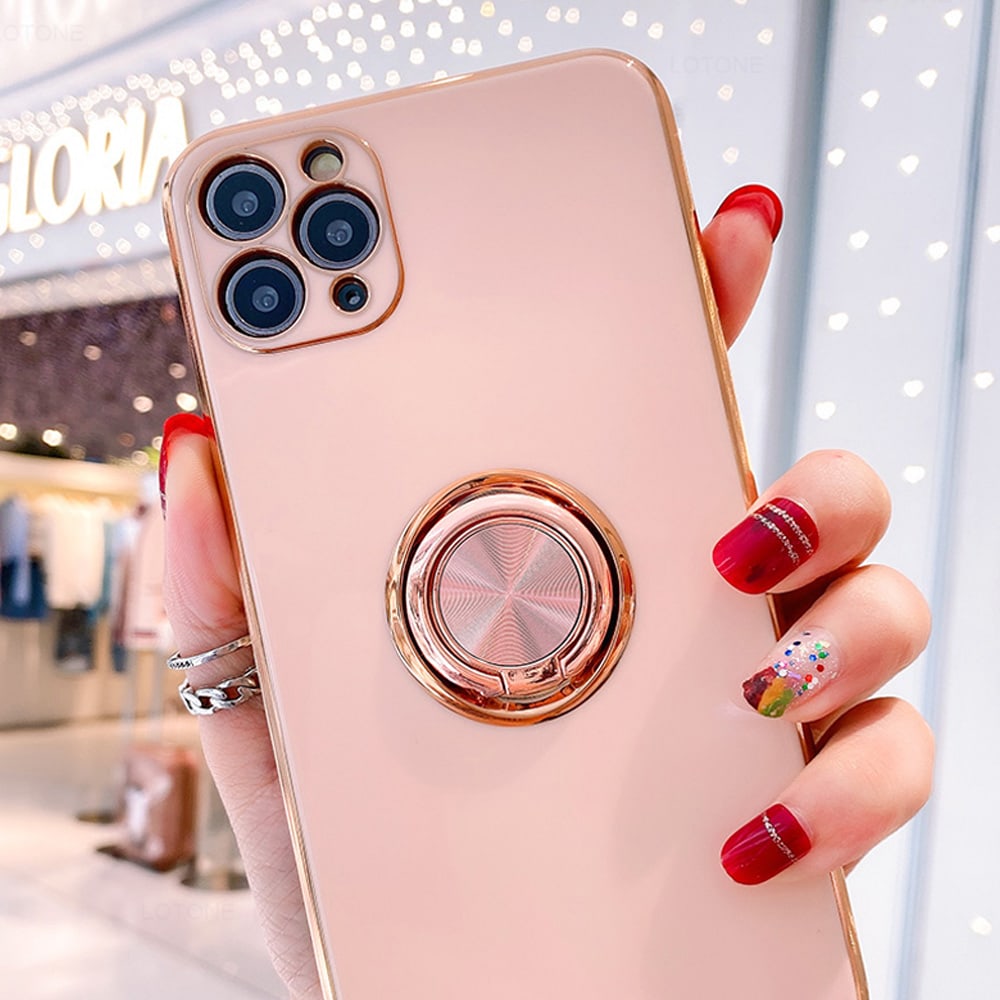 Etui do iPhone 12 Pro eleganckie, ze złotym, metalowym uchwytem i zdobieniami, osłona na aparat, pudrowy róż