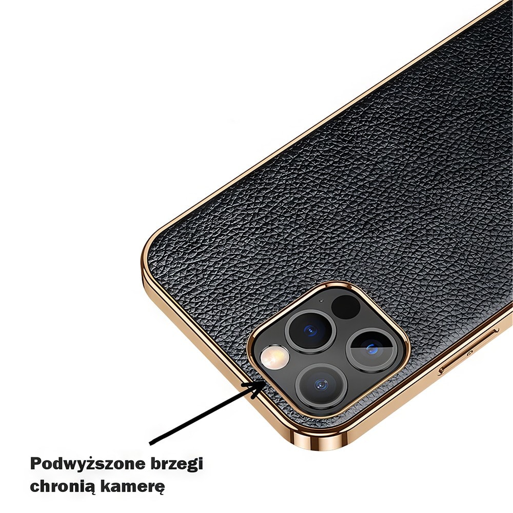 Etui do iPhone 14 Pro Max eleganckie luksusowe skórzane czarne ze złotem