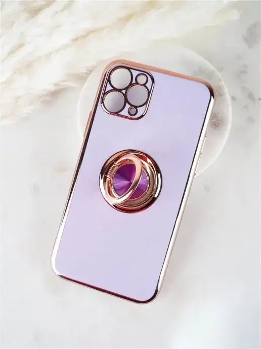 Etui do iPhone 12 Pro eleganckie, ze złotym, metalowym uchwytem i zdobieniami, osłona na aparat, fioletowe liliowe