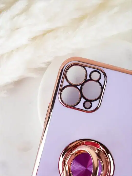 Etui do iPhone 12 Pro eleganckie, ze złotym, metalowym uchwytem i zdobieniami, osłona na aparat, fioletowe liliowe