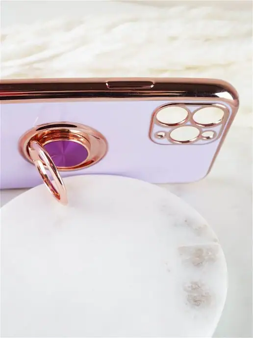 Etui do iPhone 12 Pro eleganckie, ze złotym, metalowym uchwytem i zdobieniami, osłona na aparat, fioletowe liliowe