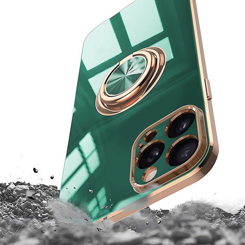 Etui do iPhone 12 Pro eleganckie, ze złotym, metalowym uchwytem i zdobieniami, osłona na aparat, zielone