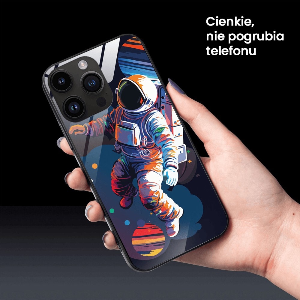 Etui do iPhone 12 Pro, szklany tył, „Kosmiczny podróżnik”, czarne
