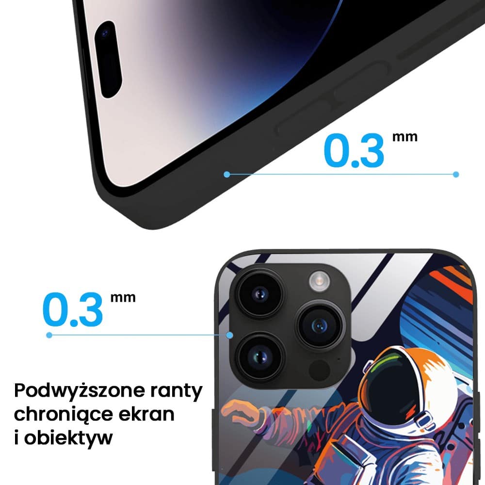 Etui do iPhone 12 Pro, szklany tył, „Kosmiczny podróżnik”, czarne