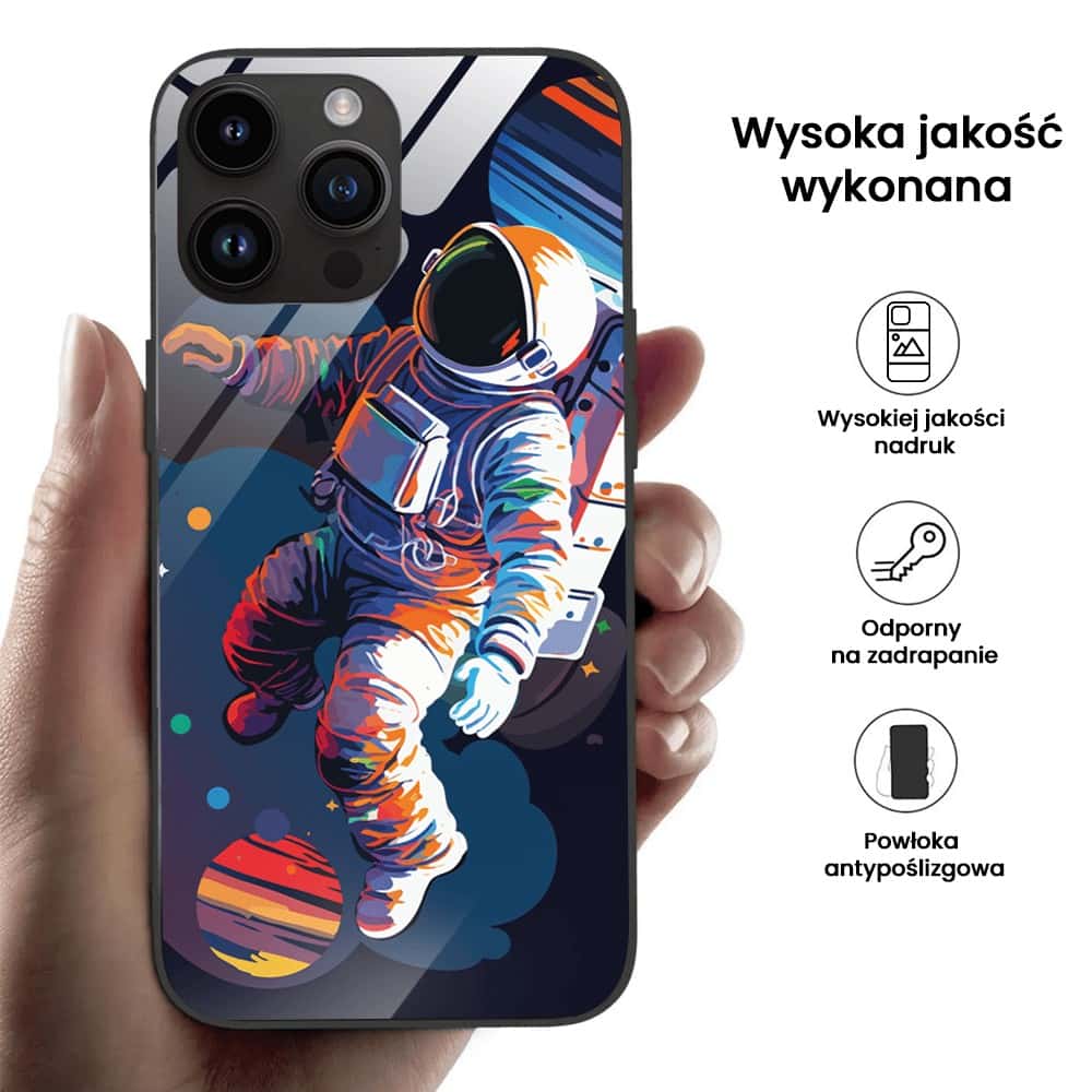 Etui do iPhone 12 Pro, szklany tył, „Kosmiczny podróżnik”, czarne