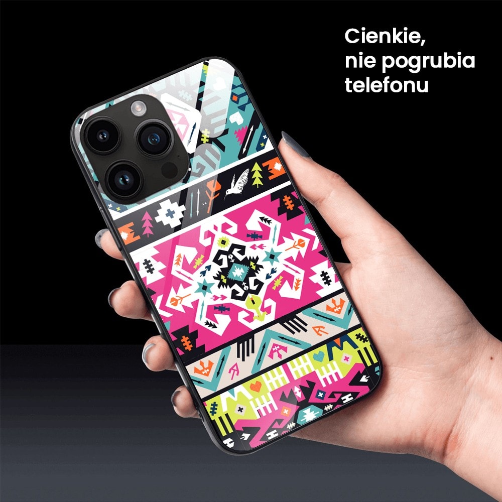 Etui do iPhone 12 Pro, szklany tył, kolorowe mandale, czarne