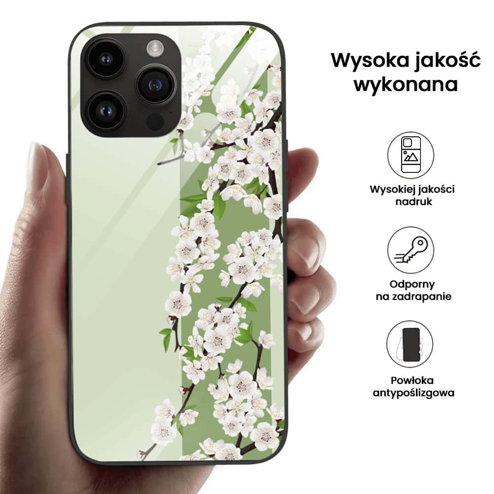 Etui do iPhone 12 Pro, szklany tył, romantyczny bez, czarne