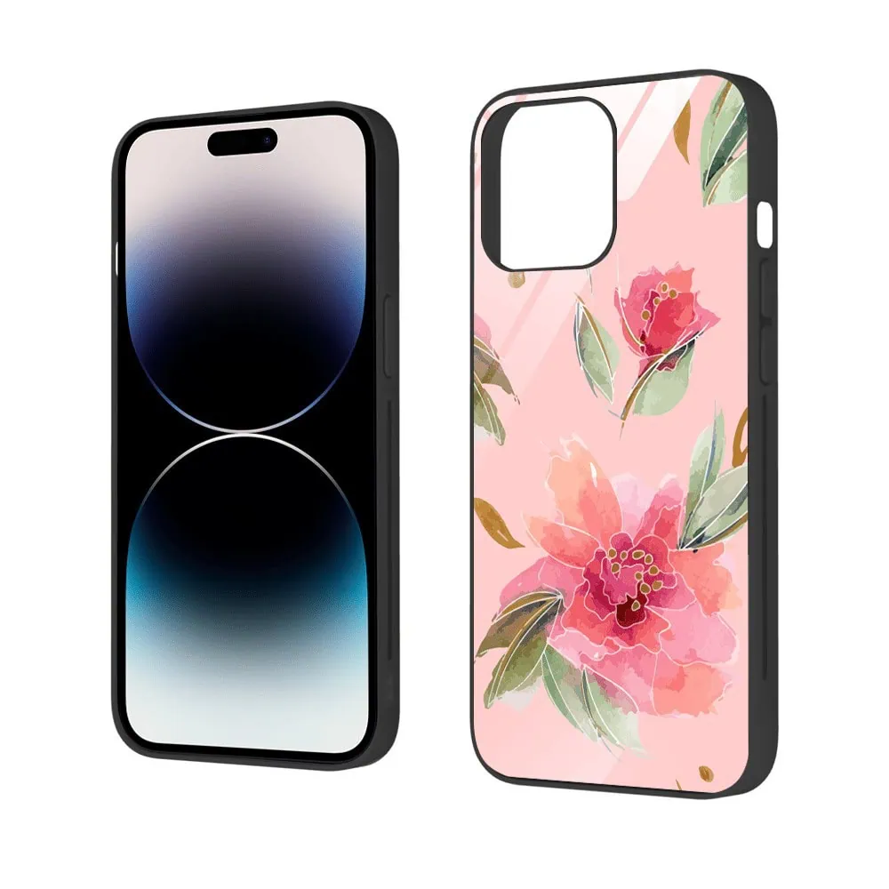 Etui do iPhone 12 Pro, szklany tył, różowa wiosna, czarne