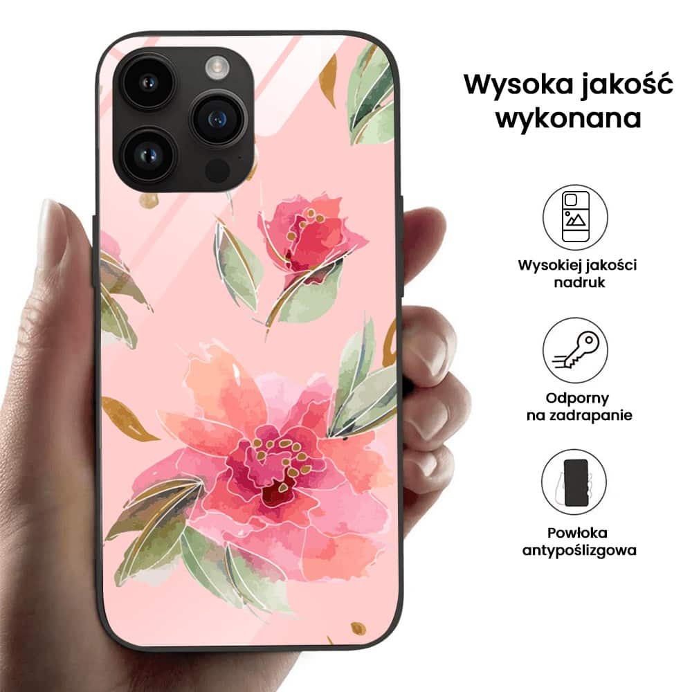 Etui do iPhone 12 Pro, szklany tył, różowa wiosna, czarne