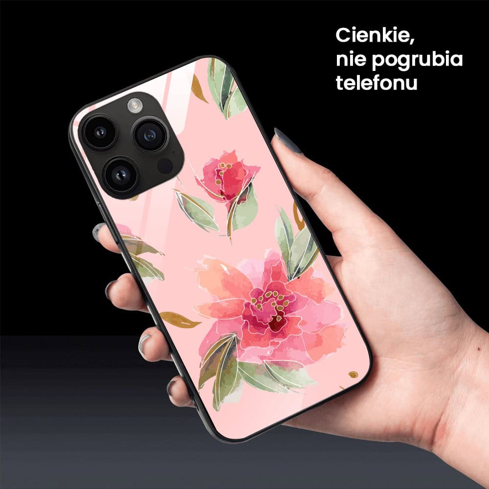 Etui do iPhone 12 Pro, szklany tył, różowa wiosna, czarne