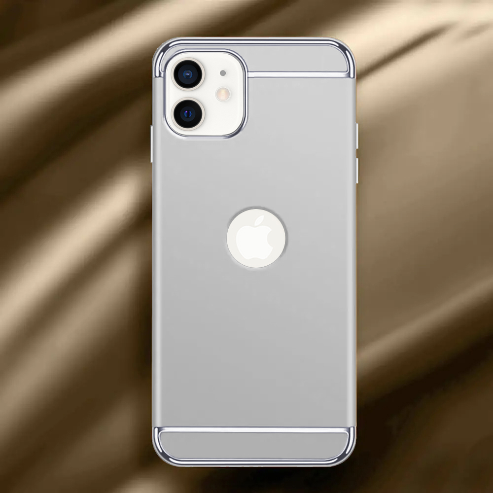 Etui do iPhone 12 eleganckie cienkie ze zdobieniami i widocznym logo, srebrne