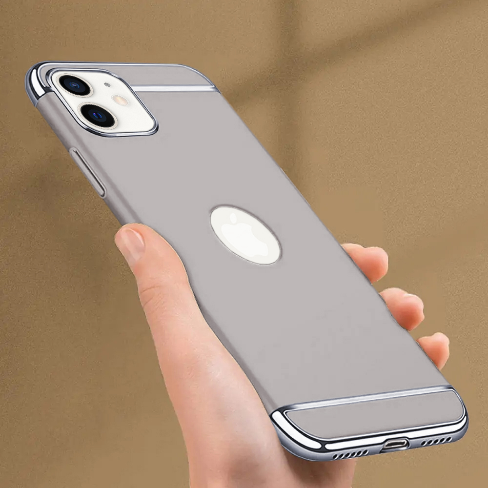 Etui do iPhone 12 eleganckie cienkie ze zdobieniami i widocznym logo, srebrne