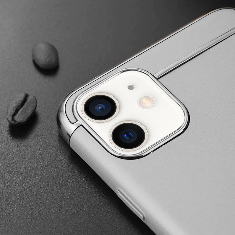 Etui do iPhone 12 eleganckie cienkie ze zdobieniami i widocznym logo, srebrne