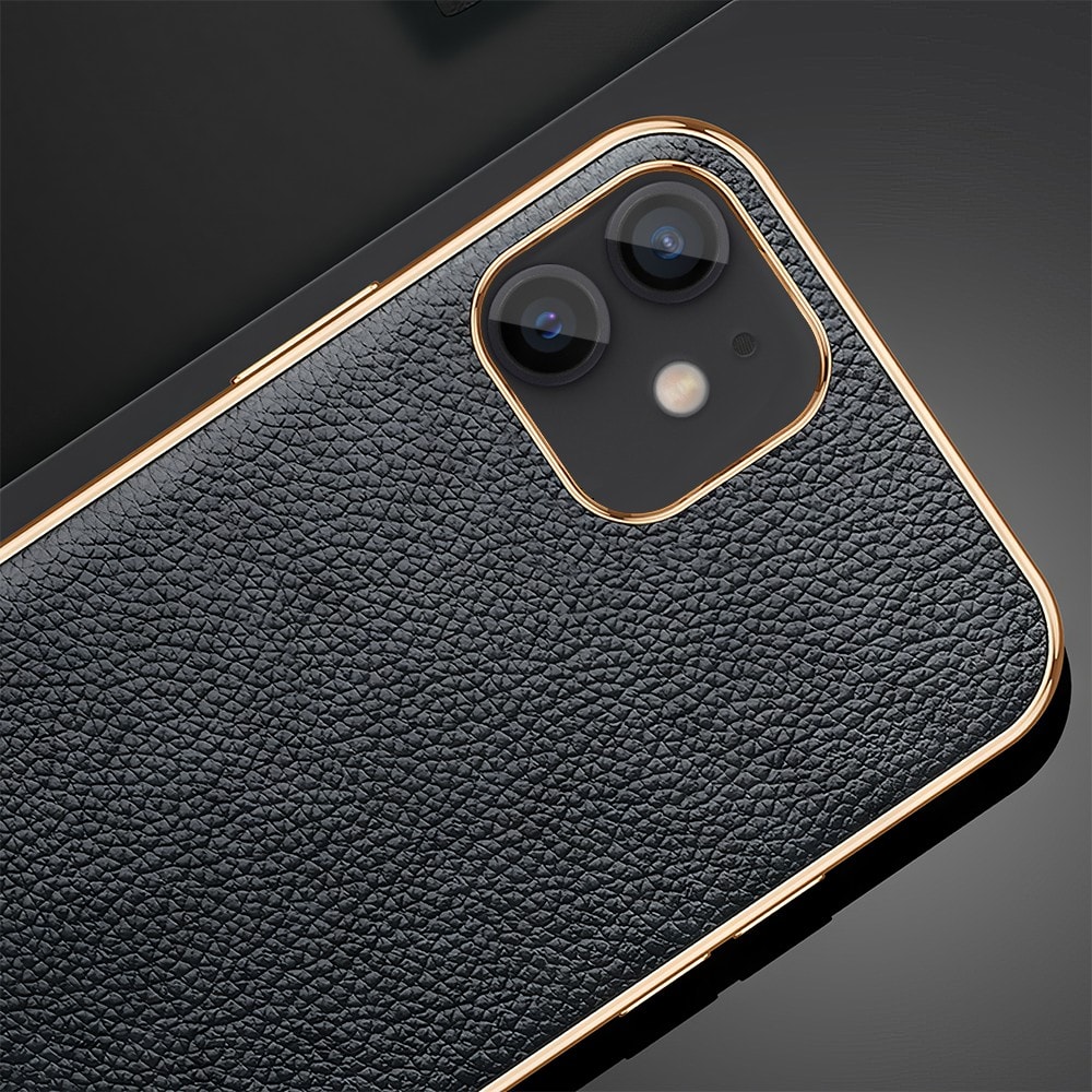 Etui do iPhone 12 eleganckie luksusowe skórzane czarne ze złotem