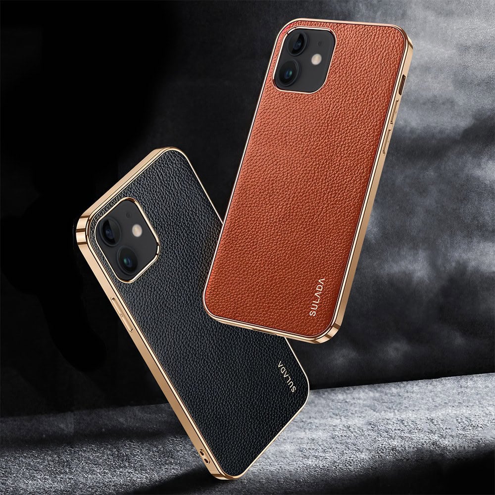 Etui do iPhone 12 eleganckie luksusowe skórzane czarne ze złotem
