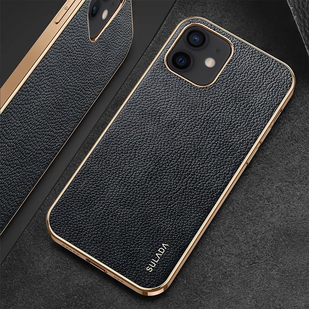 Etui do iPhone 12 eleganckie luksusowe skórzane czarne ze złotem