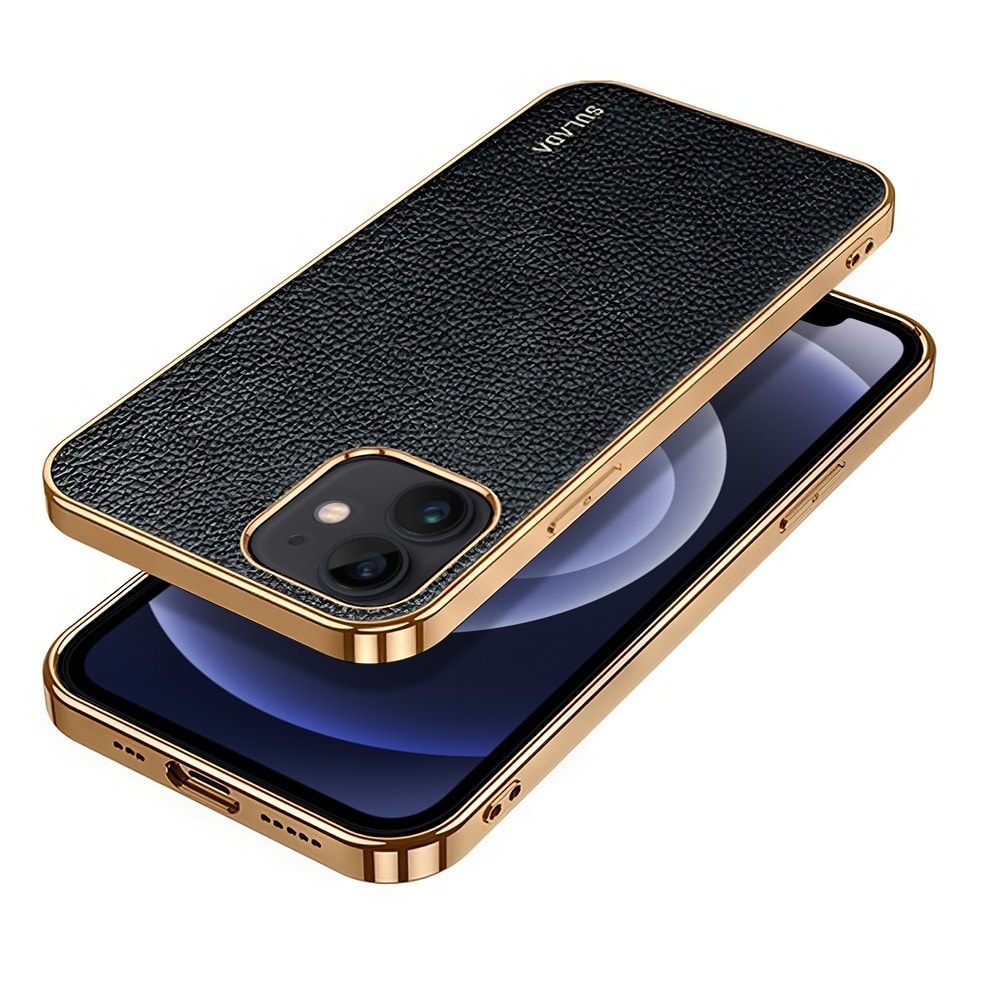 Etui do iPhone 12 eleganckie luksusowe skórzane czarne ze złotem