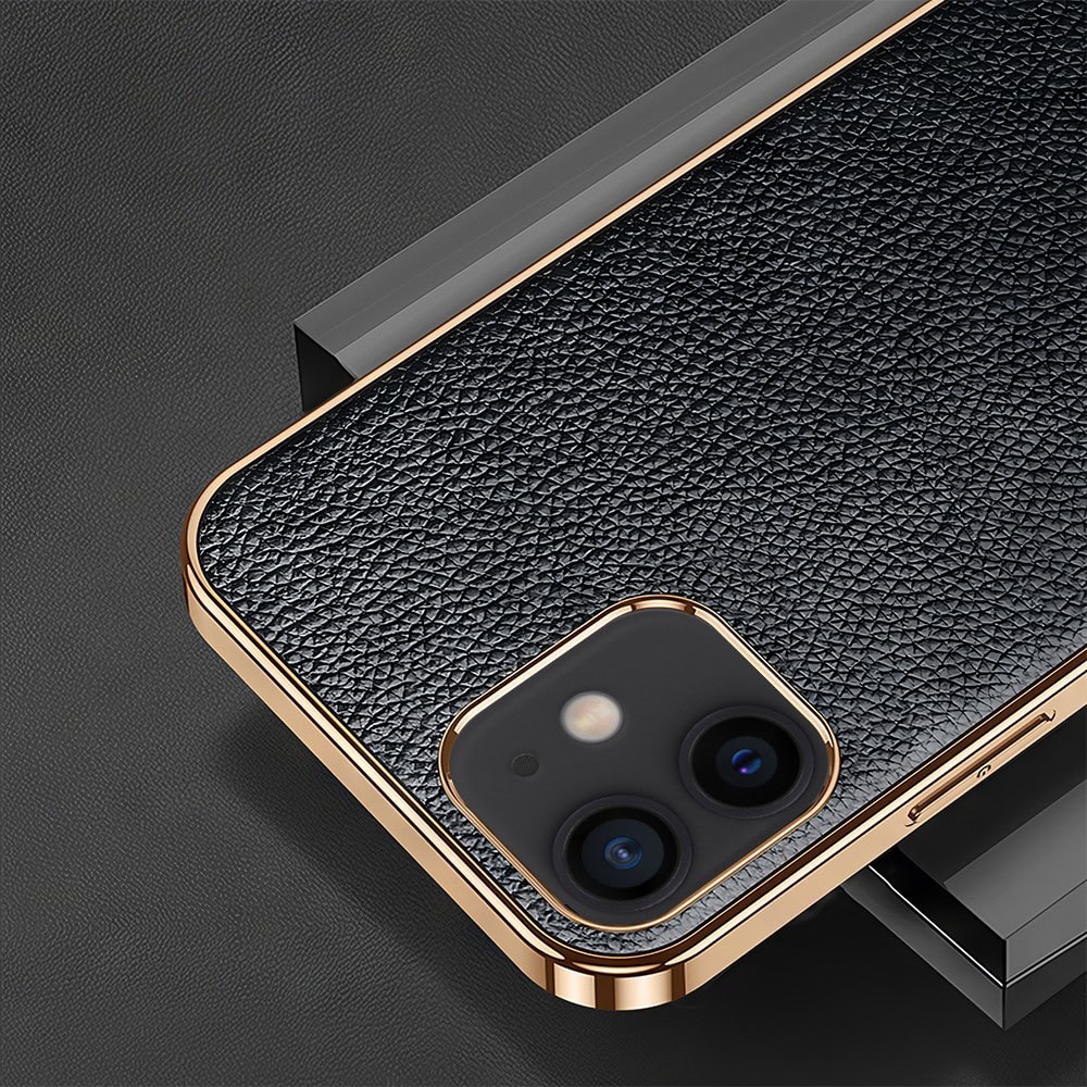Etui do iPhone 12 eleganckie luksusowe skórzane czarne ze złotem