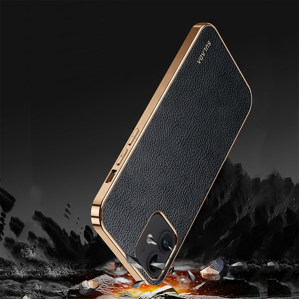 Etui do iPhone 12 eleganckie luksusowe skórzane czarne ze złotem