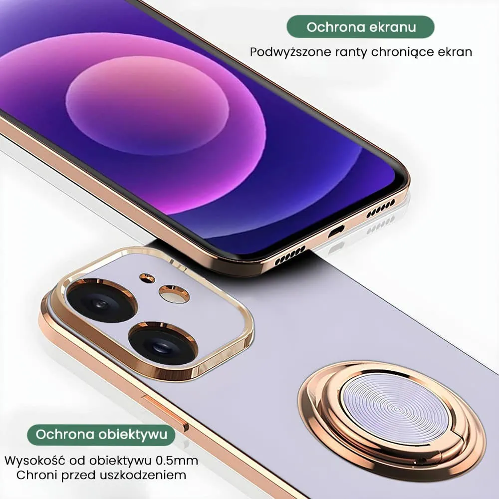 Etui do iPhone 12 eleganckie, ze złotym, metalowym uchwytem i zdobieniami, osłona na aparat, fioletowe liliowe