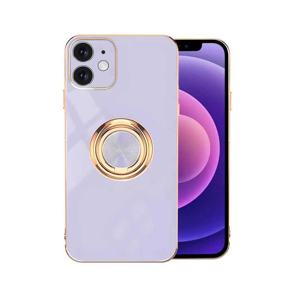 Etui do iPhone 12 eleganckie, ze złotym, metalowym uchwytem i zdobieniami, osłona na aparat, fioletowe liliowe