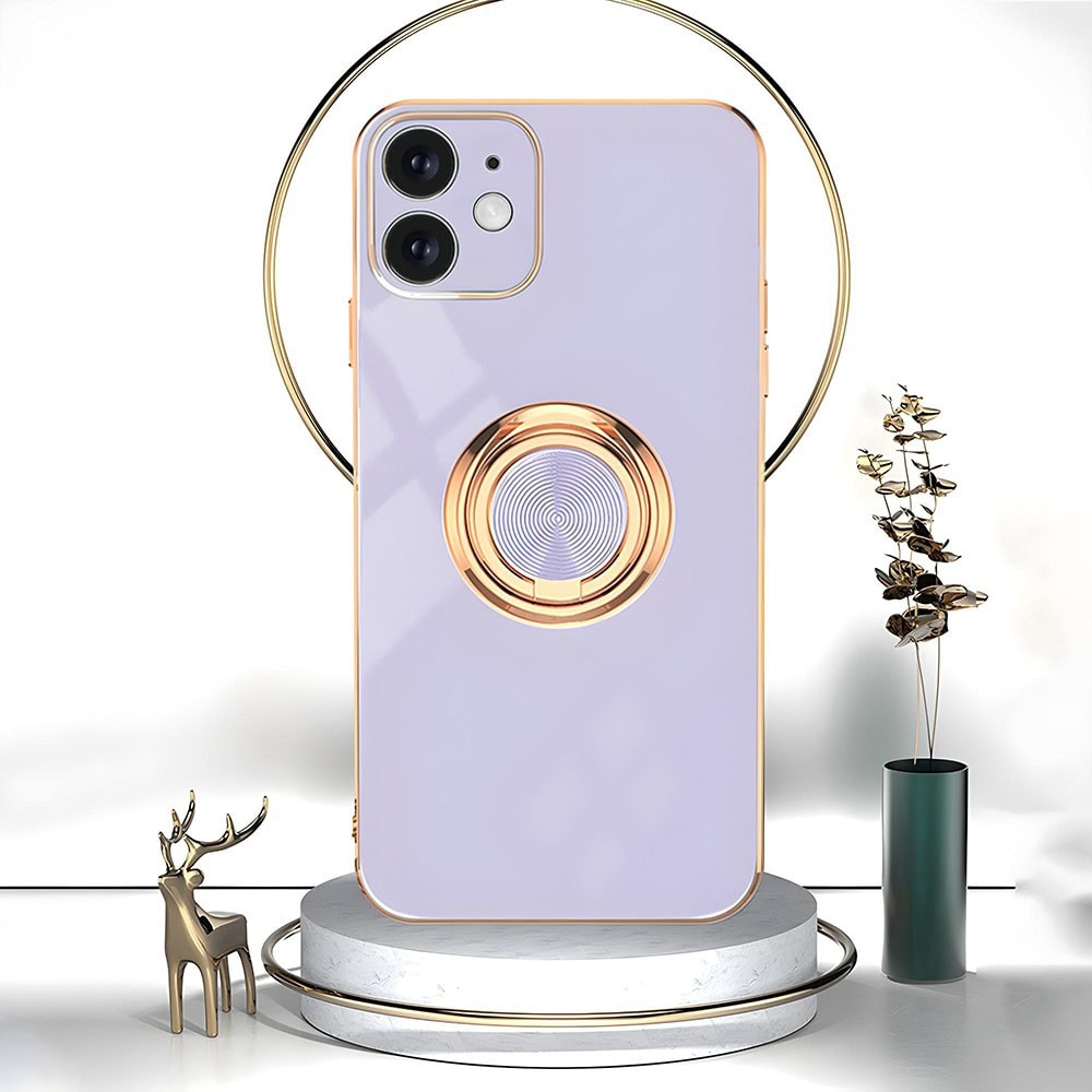 Etui do iPhone 12 eleganckie, ze złotym, metalowym uchwytem i zdobieniami, osłona na aparat, fioletowe liliowe