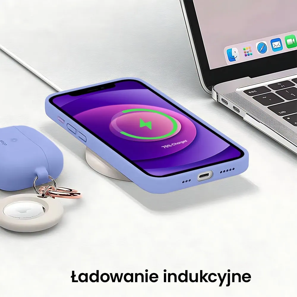 Etui do iPhone 12 silikonowe z mikrofibrą soft touch z osłoną na aparat, fioletowe liliowe