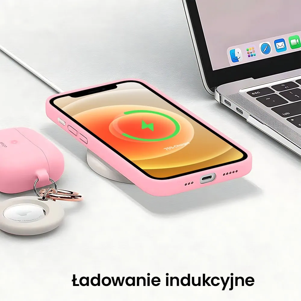 Etui do iPhone 12 silikonowe z mikrofibrą soft touch z osłoną na aparat, jasny róż