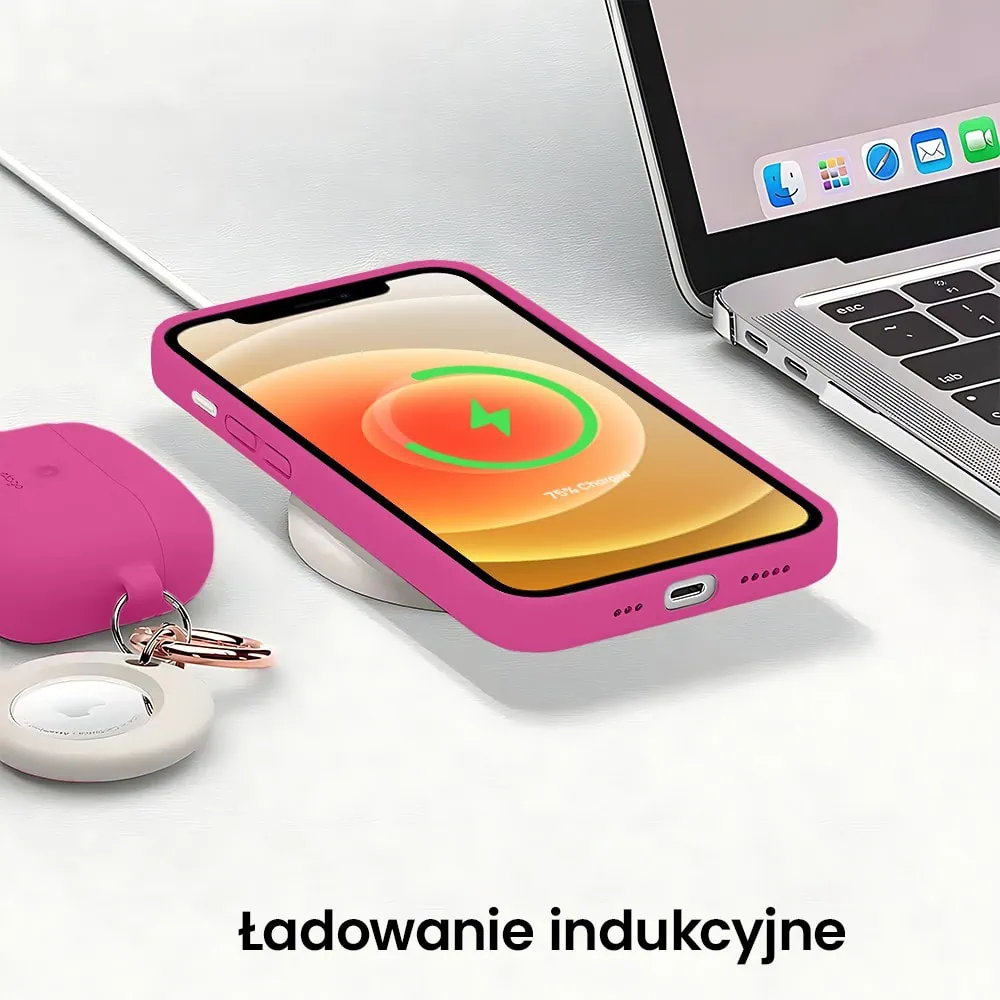 Etui do iPhone 12 silikonowe z mikrofibrą soft touch z osłoną na aparat, malinowe