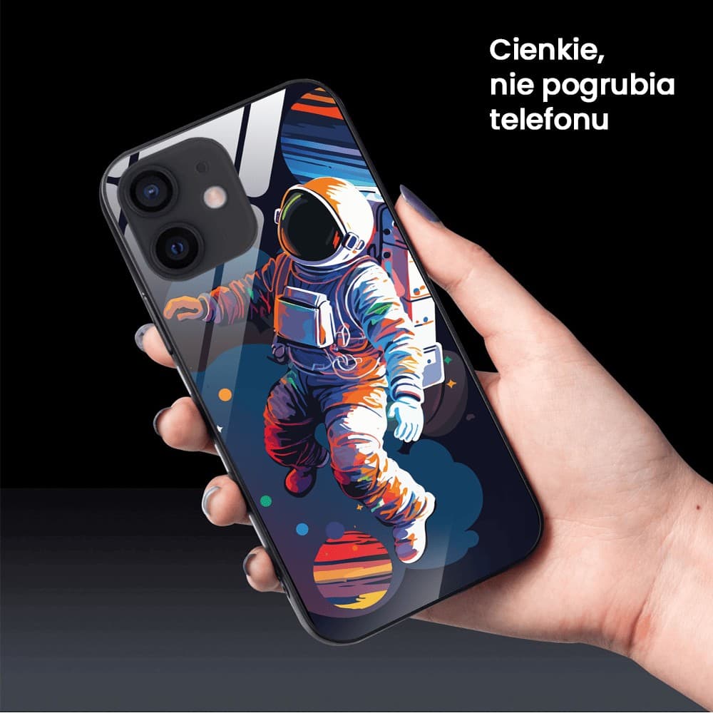 Etui do iPhone 12, szklany tył, „Kosmiczny podróżnik”, czarne