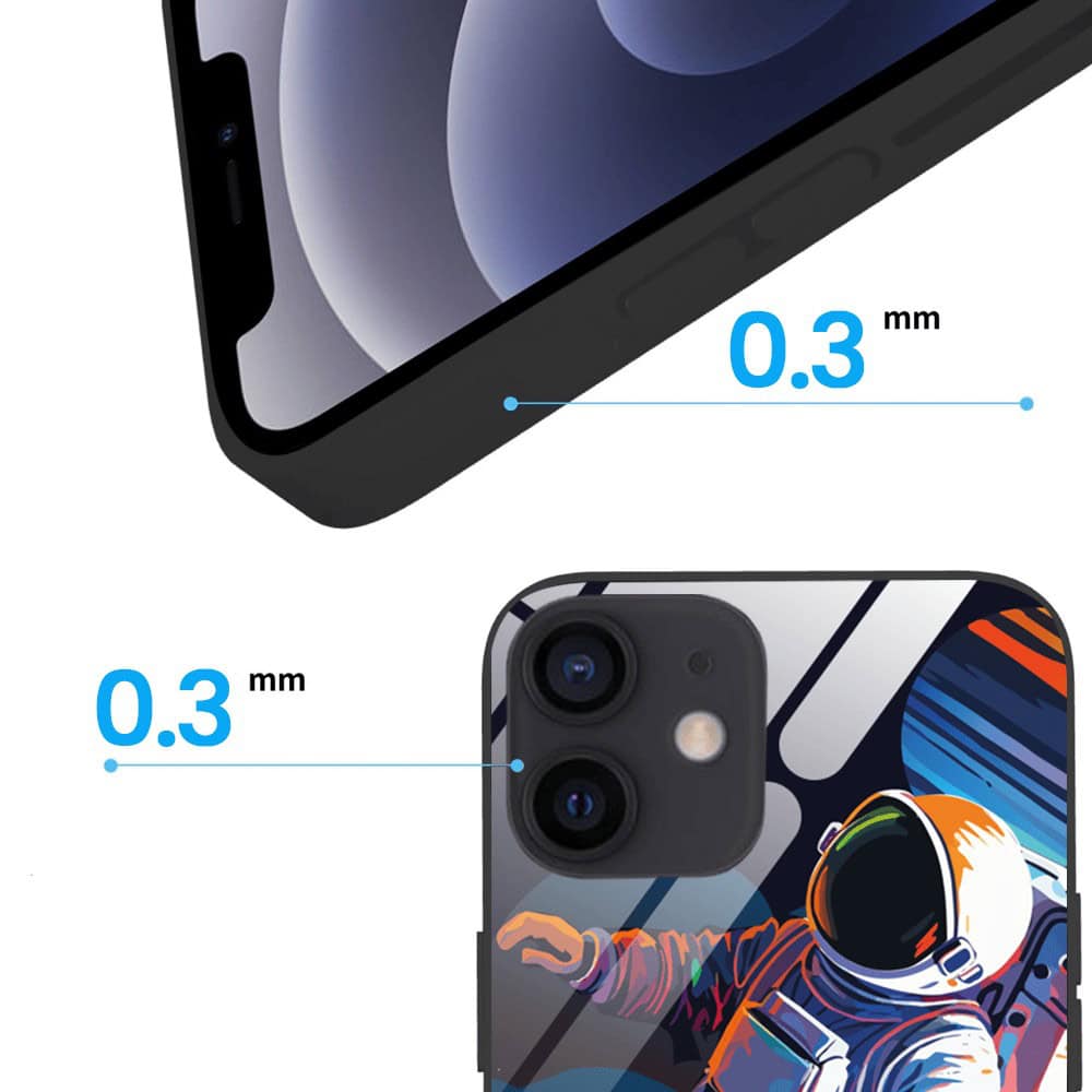 Etui do iPhone 12, szklany tył, „Kosmiczny podróżnik”, czarne