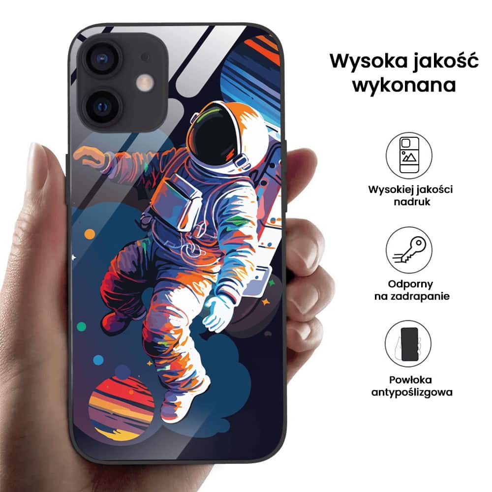 Etui do iPhone 12, szklany tył, „Kosmiczny podróżnik”, czarne