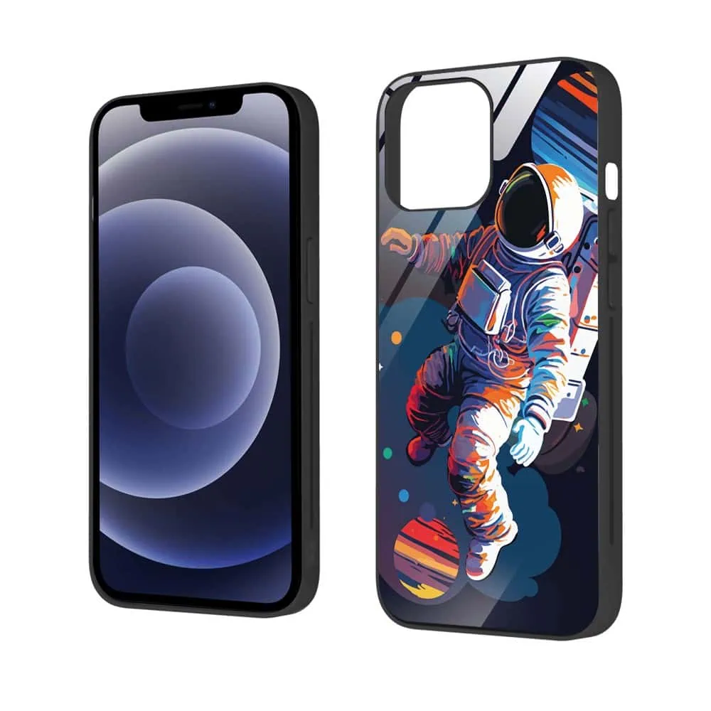 Etui do iPhone 12, szklany tył, „Kosmiczny podróżnik”, czarne
