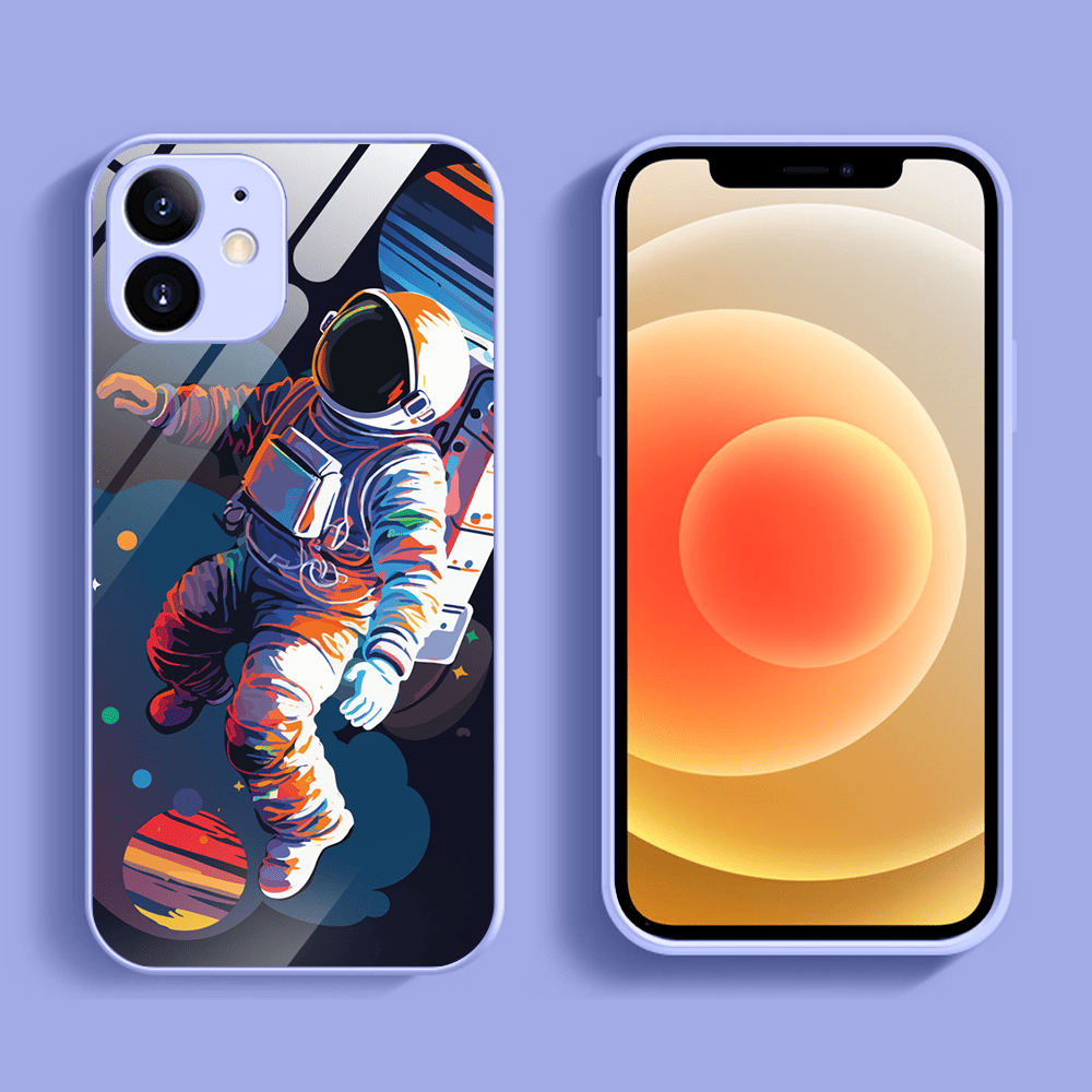 Etui do iPhone 12, szklany tył, osłona kamery, Kosmiczny podróżnik, fioletowe