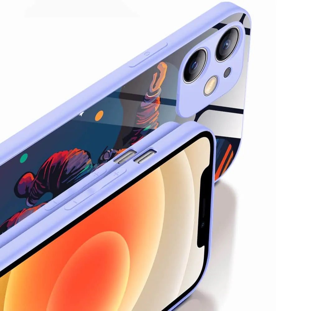 Etui do iPhone 12, szklany tył, osłona kamery, Kosmiczny podróżnik, fioletowe
