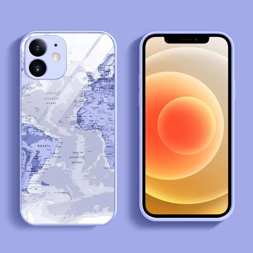 Etui do iPhone 12, szklany tył, osłona kamery, mapa świata, fioletowe