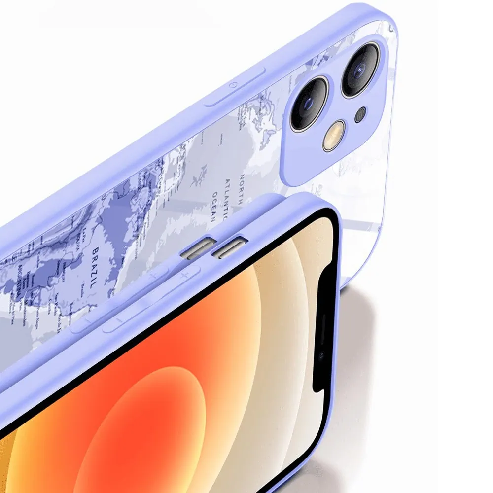 Etui do iPhone 12, szklany tył, osłona kamery, mapa świata, fioletowe