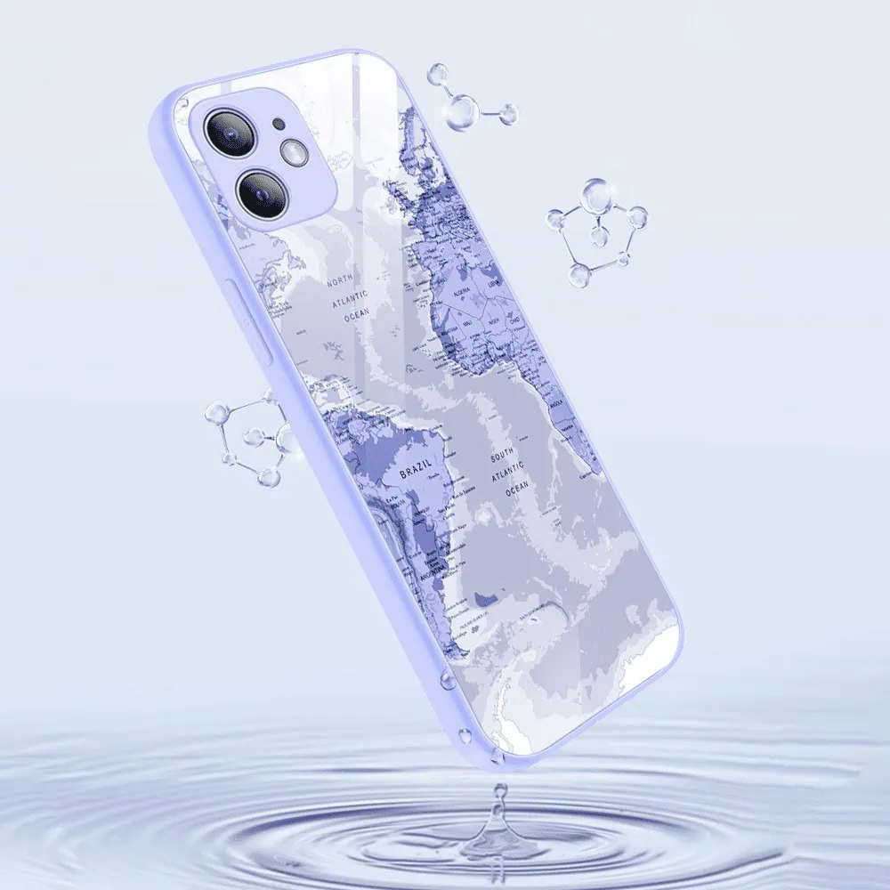 Etui do iPhone 12, szklany tył, osłona kamery, mapa świata, fioletowe