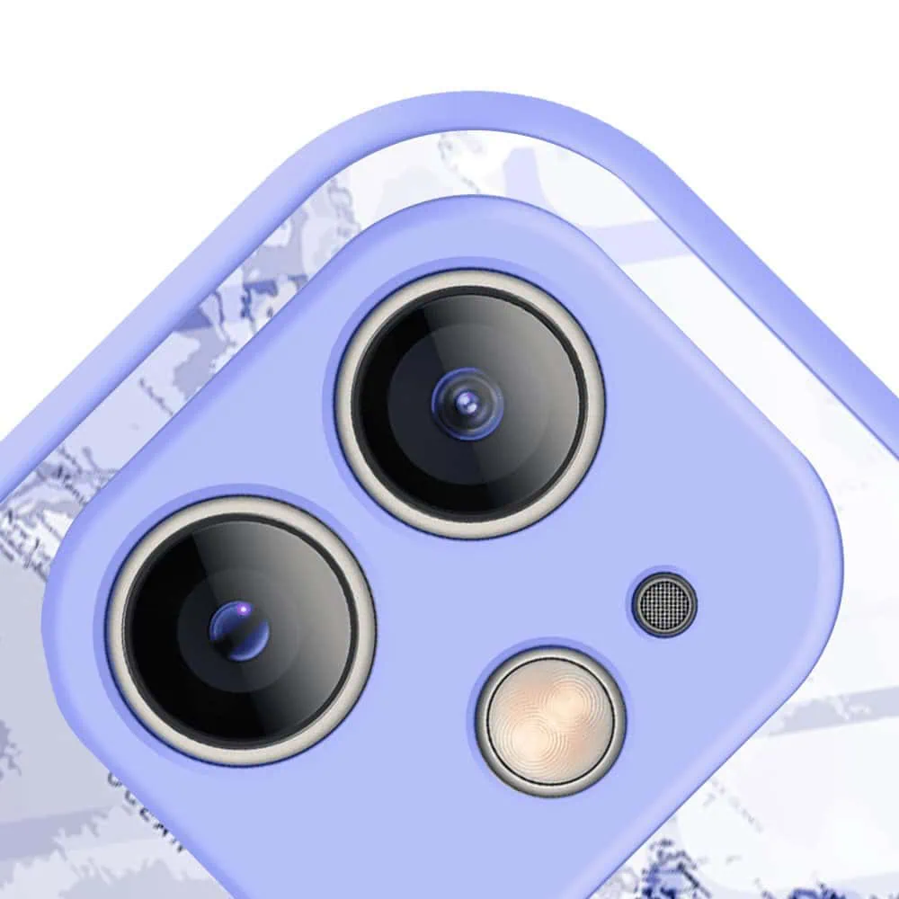 Etui do iPhone 12, szklany tył, osłona kamery, mapa świata, fioletowe