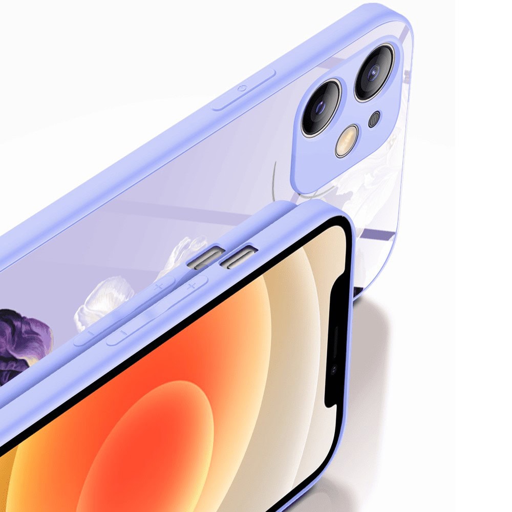 Etui do iPhone 12, szklany tył, osłona kamery, purpurowa harmonia kwiatów, fioletowe