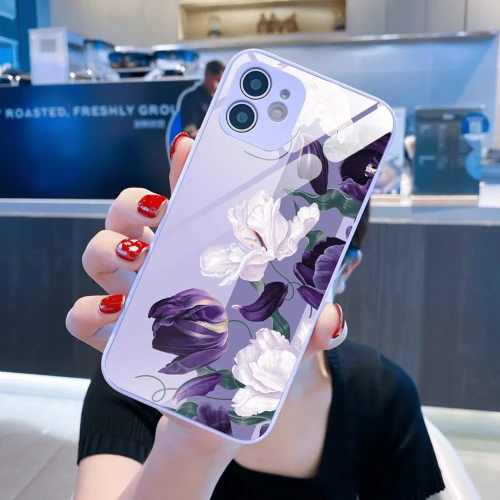 Etui do iPhone 12, szklany tył, osłona kamery, purpurowa harmonia kwiatów, fioletowe