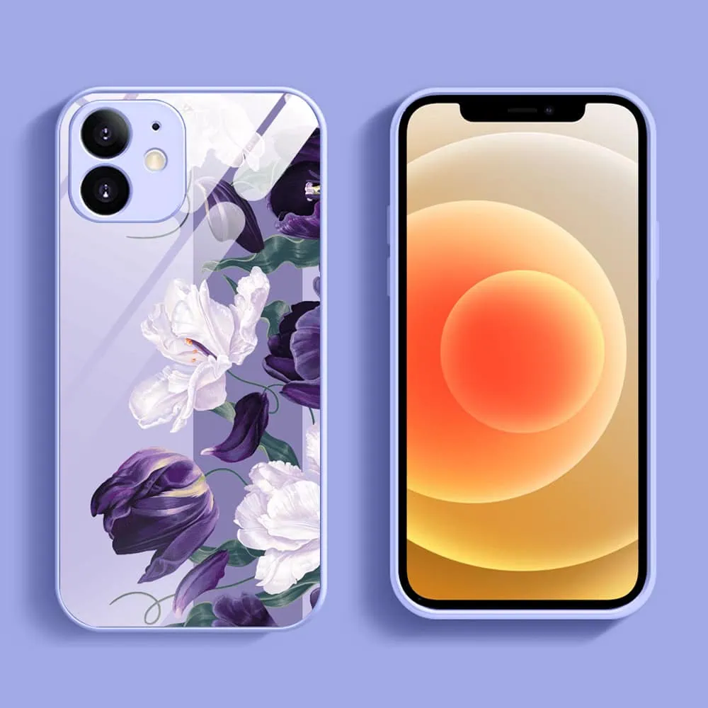 Etui do iPhone 12, szklany tył, osłona kamery, purpurowa harmonia kwiatów, fioletowe