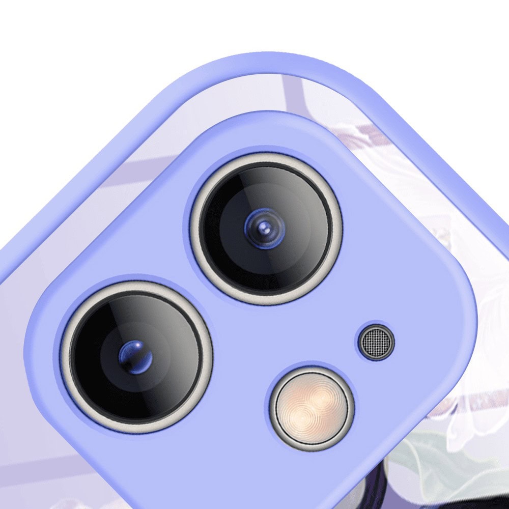 Etui do iPhone 12, szklany tył, osłona kamery, purpurowa harmonia kwiatów, fioletowe