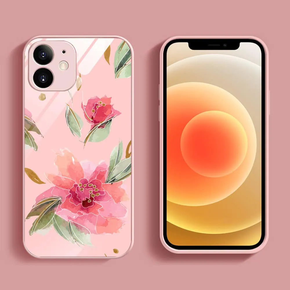 Etui do iPhone 12, szklany tył, osłona kamery, różowa wiosna, łososiowe