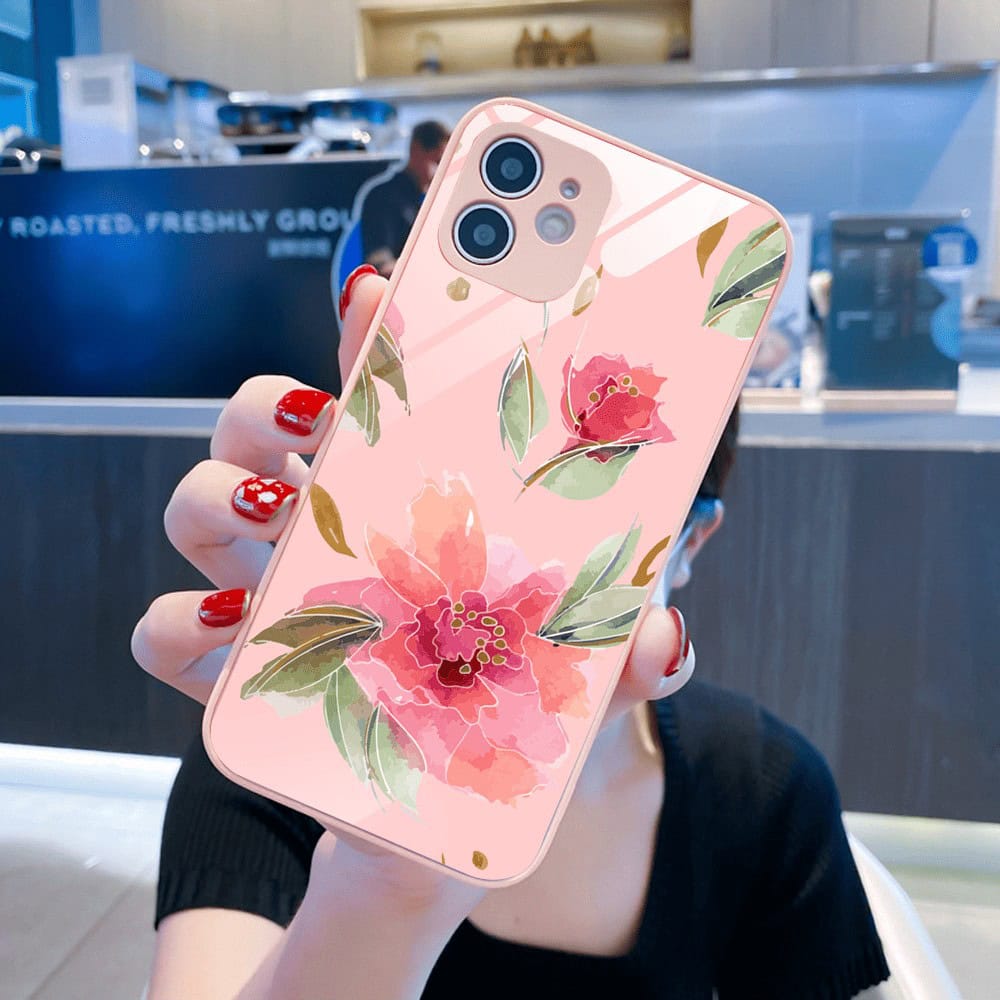 Etui do iPhone 12, szklany tył, osłona kamery, różowa wiosna, łososiowe