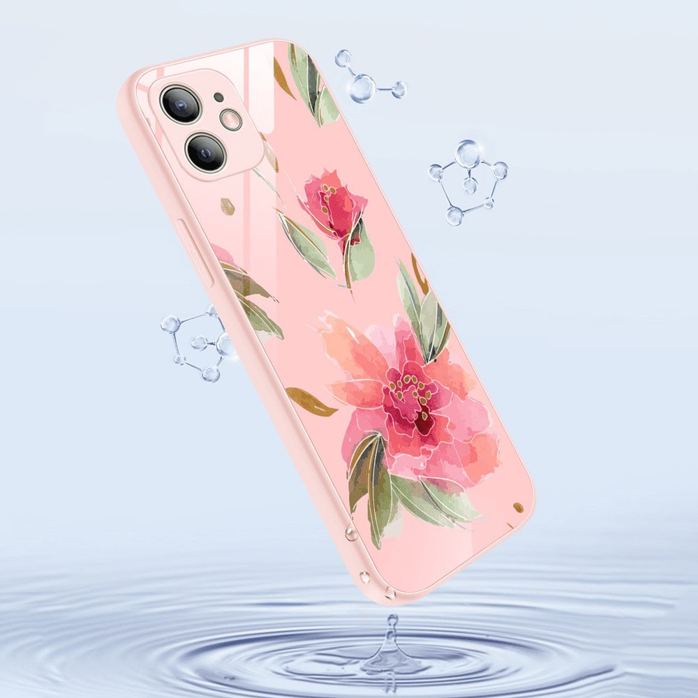 Etui do iPhone 12, szklany tył, osłona kamery, różowa wiosna, łososiowe