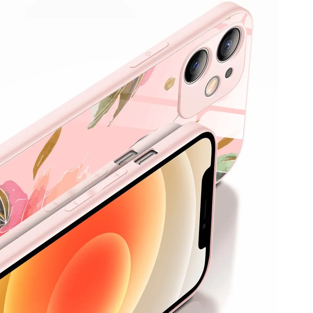 Etui do iPhone 12, szklany tył, osłona kamery, różowa wiosna, łososiowe
